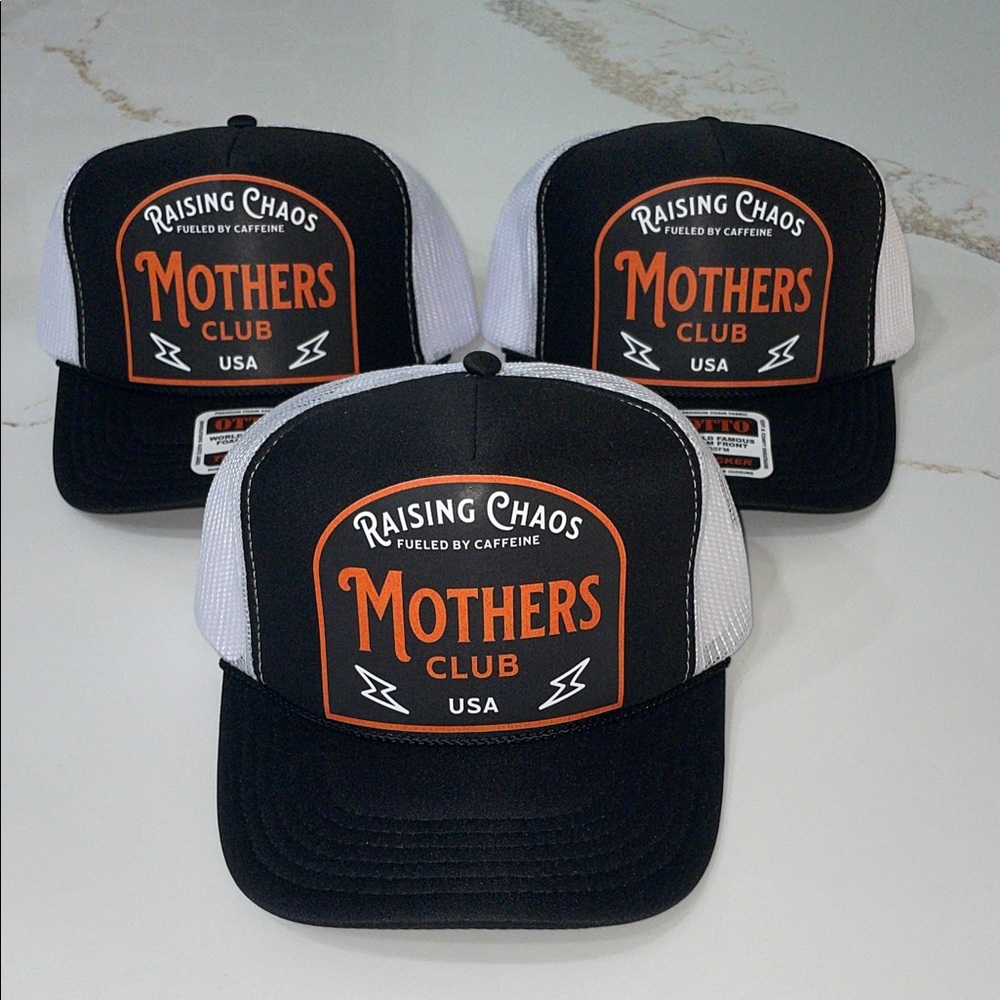 Raising Chaos Fueled by Caffeine Black, Orange, & White Trucker Hat